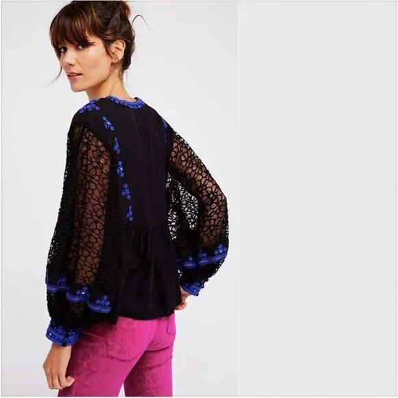 FREE PEOPLE Boogie All Night Peasant Blouse In Black S NWOT - Picture 3 of 13